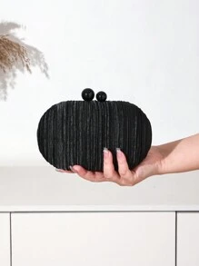 1pc Elegant Mini Solid Color Satin Textured Pleated Oval Clutch Bag, Suitable For Party, Wedding, Formal Events ,Wedding - Black - View 3