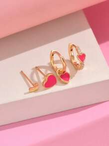 Bộ 4 khuyên tai đính đá Zirconia màu hồng thanh lịch, thiết kế hình ngôi sao và mặt trăng, bộ khuyên tai thời trang tối giản dành cho phụ nữ thích hợp cho các buổi hẹn hò, tiệc tùng, đi làm - Hồng - Xem 2