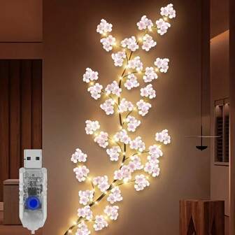 1 st Cherry Blossom (Fjäril) Vine dekorativt ljus med USB-drivet, 8 justerbara ljuslägen, inomhus/utomhus väggdekoration, artificiell växt LED-ljus, lämplig för babyrum, kontorsinredning, sovrum, bröllopsfest, samling, festival, uteplats, födelsedag