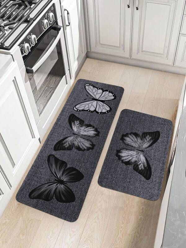 Tapete de cozinha cinza com estampa de borboleta, 1 peça, retangular, macio e antiderrapante, absorvente, adequado para cozinha, sala de jantar, sala de estar, presentes de aniversário, formatura, decoração de quarto, decoração de casa, decoração de banheiro, decoração de quarto, itens de decoração de sala de estar, decoração de escritório, decoração de casa, decoração de sala de estar, tapete de banheiro, decoração de quarto, tapetes estéticos