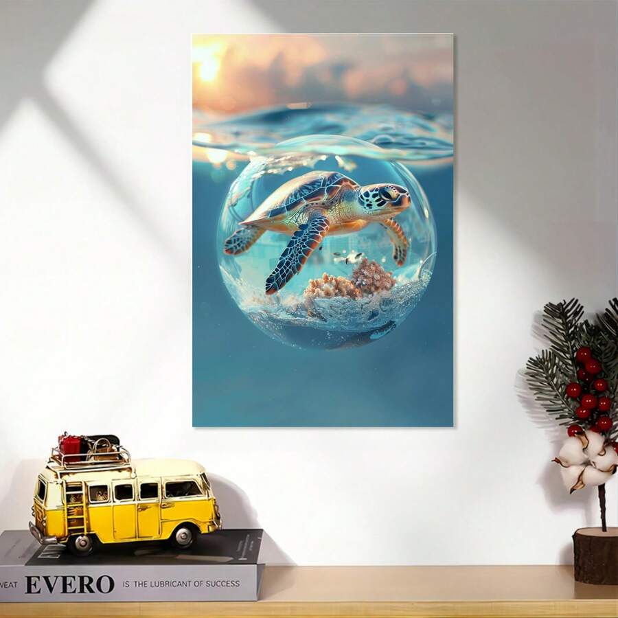 1 Pc  Turtle Crystal Ball Wooden Framed Canvas Painting -  Thickness 2.25cm/0.9inch,Home Gift Decoration, Room Decoration Aesthetic, Wall Decoration Art, Perfect Gift, Autumn And Winter Wall Decoration, Living Room Decoration, Bedroom Decoration, Kitchen Decoration, Entry Decoration, Bathroom Decoration, Direct Wall Painting, High Quality Wall Painting Poster