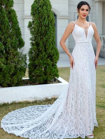 Sexy Mermaid Spaghetti Straps V-Neck Boho Wedding Dresses Ivory Lace Wedding Bridal Gown