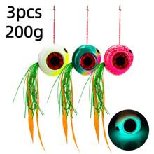 Juego de 3 señuelos de pesca tipo kabura 60g/80g/100g/150g/200g con brillo, para pesca de arrastre lenta, cebo para pesca en barco y mar con faldas de goma y ganchos asistentes, señuelos deslizantes