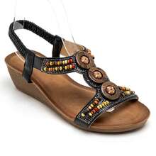 Sandalias de cuña con decoración de cuentas y hebilla decorativa - Negro - Ver 2