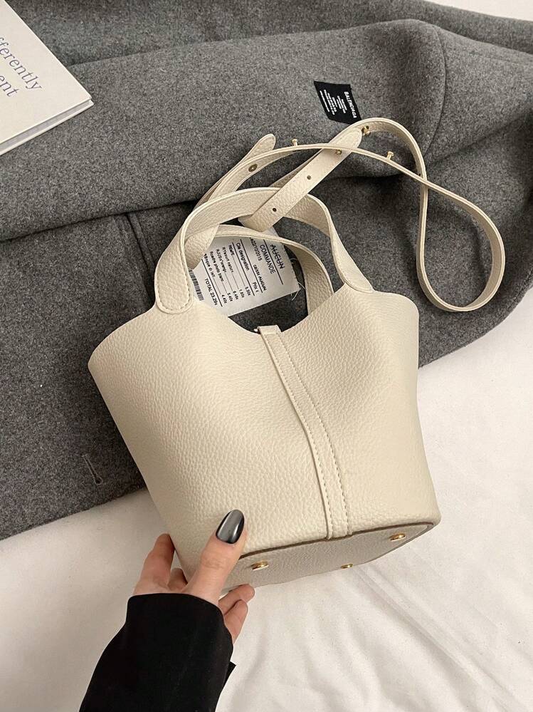 FRIFUL 1 pièce Nouveau sac seau polyvalent décontracté rétro pour femme, de couleur unie, convenant pour les trajets, les sorties quotidiennes et le travail. Sac à main pour femme - Blanc - Voir 9