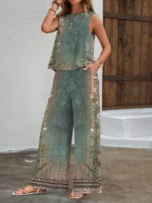 2pcs/Set Women's Round Neck Patterned Elasticated Waist Tank Top And Pants Set