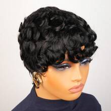 1 件女士短款卷发精灵短发真人发假发，150% 密度巴西雷米头发全机织假发，真人发黑色万圣节服装 - 黑色 - 查看 5