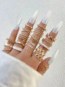 imoli 21pcs Simple & Casual Alloy Flower & Pearl Ring Set, Suitable For Everyday Wear