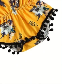 0-12M 2Pcs Breathable Baby Girls Outfit, Toddlers Summer Creative Fruit/Floral Printing Plush Ball Suspender Romper + Bow Headwear