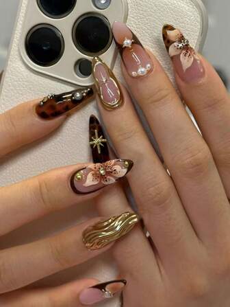 24 piezas Pegatinas de uñas de gel 3D con forma de almendra estilo Y2K, diseño de arte de uñas floral, pegatinas de puntas francesas, decoración de cruz metálica de tamaño mediano, diseño de perlas, set de uñas postizas acrílicas de ajuste perfecto, incluye: 1 botella de gel de gelatina y 1 lima de uñas, uñas con forma de almendra francesa, adecuado para el trabajo diario, festivales, fiestas, etc. de mujeres.