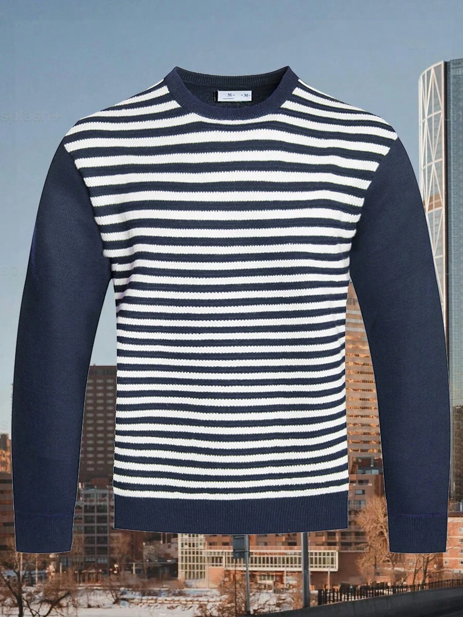 Mens Striped Knit Sweater Casual Pullover Regular Round Neck Stripe Long Sleeve Fall Winter Light Jacket Warm - Navy Blue - View 1