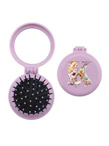 1 pezzo Pettine mini floreale esclusivo per matrimonio con 26 lettere, compatto e portatile, pettine mini con cuscinetto d aria pieghevole per massaggio, specchio incorporato, essenziale per viaggi e campeggio. Indispensabile per il ritorno a scuola e le vacanze - Viola - Visualizzare 14