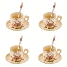 2set/6set Tea Cup And Saucer Set, 8 Oz Tea Cup Set, Teacup, Ceramic Tea Cup With Suacer Spoon, Ivory Vintage Rose Floral With Gold Leaves Trim, Gifts For Women Back To School