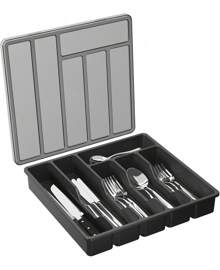 Fast Delivery Lifewit Silverware Organizer With Lid, Covered Utensil Tray Kitchen Drawer And Countertop, Plastic Cutlery And Flatware Storage Box Spoons Forks Knives Holder, 6 Compartments, Black Quality Assurance 9GUQ - màu đen - Xem 11
