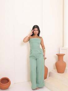 Strapless Jumpsuit With Padded Pants And Pockets, Contrasting Waist - Mint Green - View 2