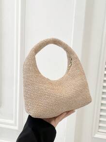 Handwoven Straw Tote Bag, Fashion Woven Crescent Shaped Casual Shoulder Bag, Woven Textured Solid Color Large Tote Bag, Versatile Commuter Handbag, Vacation Essentials, Perfectly Matching With Beach Accessories Women, Hottest Beach Bags