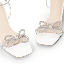 Women Double Bowknots High Heeled Sandal Open Square Toe Ankle Strap Rhinestone Decor Dress Shoes For Wedding Prom Festival Party