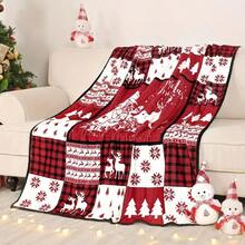 1pc Contemporary Red Plaid Reindeer Flannel Tow Blanket Soft Warm All Season Multipurpose Flannel Blanket Perfect For Gifting Napping Camping Home Decor Office - Digital Quilted Knitting Polyester