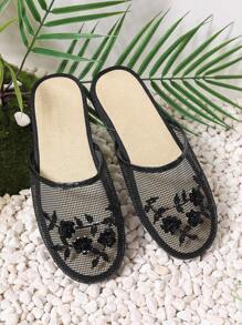 2024 Handmade Beaded Slip-On House Slippers With Mesh Fabric, Two-Way Wear For Indoor Or Outdoor - Black - View 7