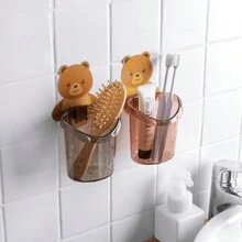 1pc Cartoon Bear Bathroom Organizer Rack, No-Drill Toothbrush Toothpaste Holder Wall Shelf