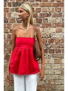 Women Sexy Strapless Ruffle Hem Tube Top Summer Solid Sleeveless Backless Tube Top Pleated Peplum Flowy Bandeau Top - Red - View 4