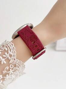 Kreativ geschnitztes Blumen-Silikonarmband 20mm/22mm kompatibel mit /Smartwatch, bequemes, weiches, verstellbares Sportarmband - Bordeaux - Übersicht 3