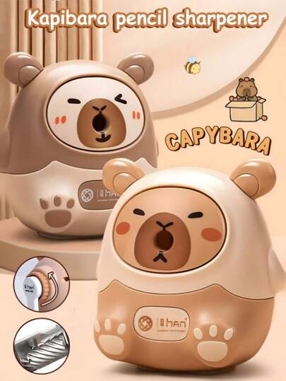 1 件可爱水豚形手动卷笔刀，带自动送铅功能，耐用金属刀片，学校和办公用品，送给男孩的小礼物，开学季趣味文具