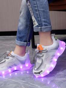 USB Rechargeable LED Light Up Mesh Breathable Sneakers For Boys, Girls, Kids, Children, Toddlers, Spring/Summer/Autumn, Casual Shoes, Running Shoes, Color Changing Night Light, Outdoor Sports Retractable Wheeled Roller Skate Shoes With LED Lights