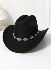 1pc Women's Woolen Felt Hat With Rhinestone Chain Decoration, Unisex Western Cowboy Hat For Autumn/Spring, Fashion & Versatile For Everyday Wear, Traveling