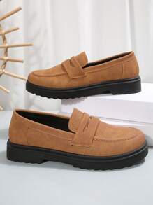 Women's Comfortable Thick Sole Casual Slip-On Loafers, Brown PU Leather, Fashion School Style Flat Oxfords, Suitable For Daily Commute, Autumn/Winter