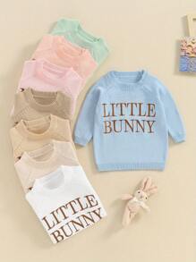 Suéter para bebé de 0 a 24 meses, manga larga, cuello redondo, letras bordadas, suéter de punto cálido de invierno, ropa de Pascua para niñas - Blanco - Ver 8