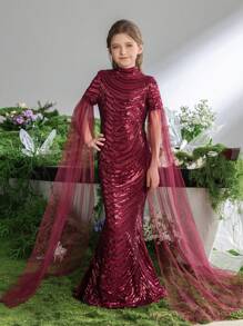 青少女高領長袖亮片美人魚禮服裙 - 酒紅色 - 查看 3