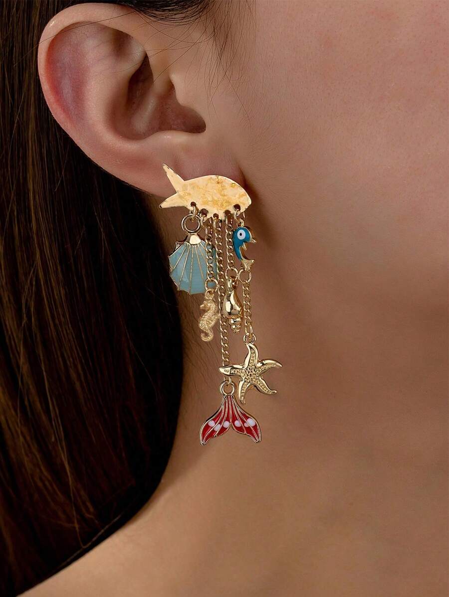 1 对夏季鱼形耳环度假风格海滩耳环波西米亚风女士珠宝 - 金色 - 查看 1