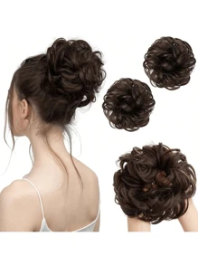 凌乱发髻假发深棕色波浪卷发合成发圈假发髻接发适合女孩