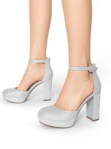 Women's Platform High Chunky Heels Pumps Closed Toe Block Ankle Strap Solid Color Comfortable Fashionable Bridal Party Wedding Dress Shoes - Silver - View 4