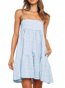 Wome's Plaid A Line Dresses Shoulder Straps Ruffle Hem Casual Mini Dress With Side Pocket - 天藍色 - 查看 6