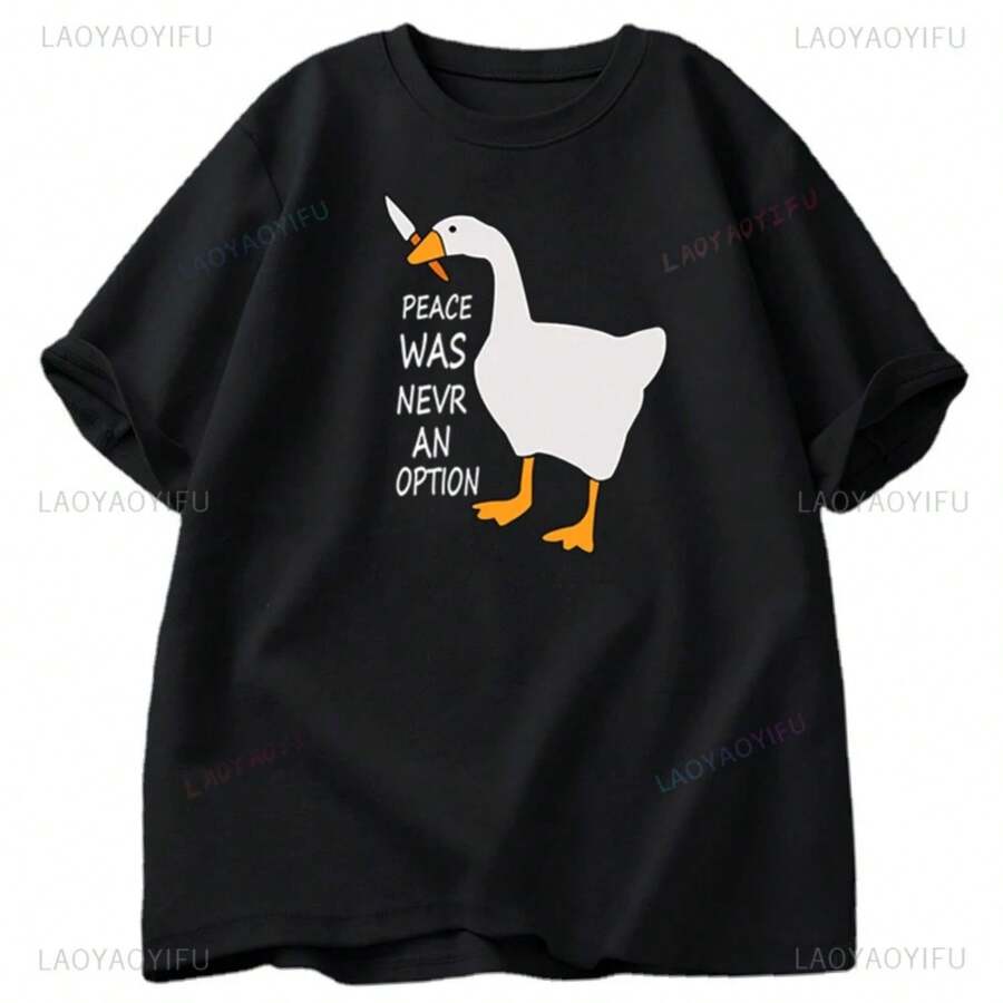 Goose Peace Was Never An Option Men Women Cotton T-Shirts Summer Fashion Leisure Cool Unisex Short Sleeve Humor Streetwear - Black - View 1
