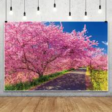 1 PC, Cherry Blossom Spring Background Fabric Pink Flower Tree Party Banner, Romantic Natural Scene Suitable For Bridal Gifts And Wedding Photos