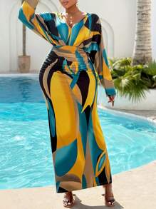 BIUBIU Vestido de manga de murciélago plisado con cintura de unicolor para mujer de talla grande, ropa para exteriores con estampado geométrico