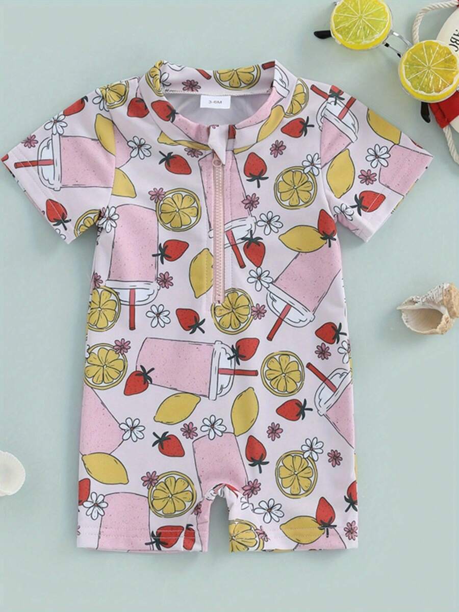 Girls Rash Guard Swimsuit Short Sleeve O Neck Rainbow/Star/Floral/Ice Cream Print Swim Romper - 粉色 - 查看 1
