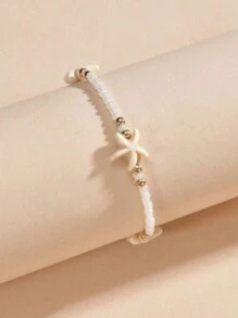 1pc Fashionable Vintage Beach Style Natural Starfish Decor Adjustable Beaded Anklet - Minimalist White Starfish Anklet - View 3