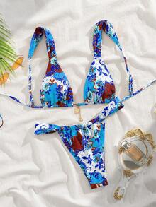 全新柔软印花系带宽肩带可爱派对比基尼套装，夏季海滩时尚女士泳装，蓝色 - 藍色 - 查看 1