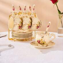 2set/6set Tea Cup And Saucer Set, 8 Oz Tea Cup Set, Teacup, Ceramic Tea Cup With Suacer Spoon, Ivory Vintage Rose Floral With Gold Leaves Trim, Gifts For Women Back To School