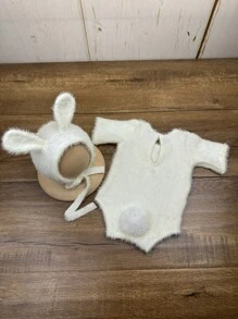 2pcs/Set Newborn Baby Photography Outfit, Soft Mink Velvet Bunny Ear Hat And Romper Set, Infant Growth Photography Props, Gift For Baby Boys & Girls