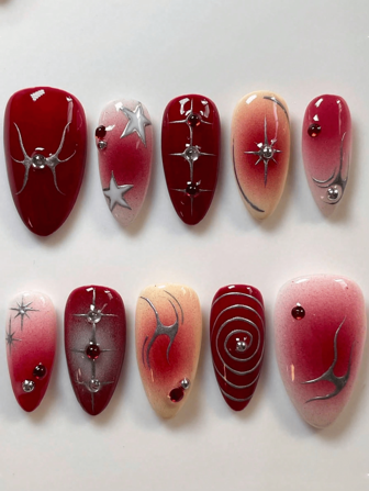A Set Of 10 New Craftsmanship Almond-Shaped Handmade Nails Sweet Cool Style Star Vortex Stripes Gradient Gorgeous Rhinestone Design Daily Matching Gift