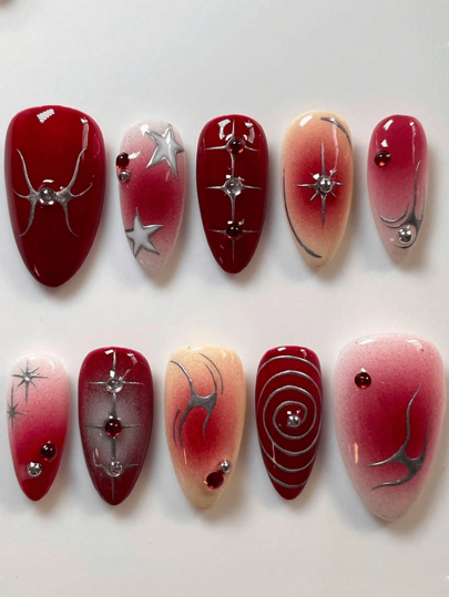 A Set Of 10 New Craftsmanship Almond-Shaped Handmade Nails Sweet Cool Style Star Vortex Stripes Gradient Gorgeous Rhinestone Design Daily Matching Gift Press On Nails Nail Supplies Nails