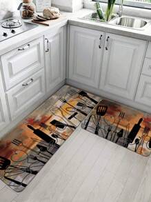 1 Felpudo de estilo de pintura al óleo con patrón de utensilios de cocina, de terciopelo de cristal suave antideslizante y absorbente, apto para cocina, comedor y sala de estar