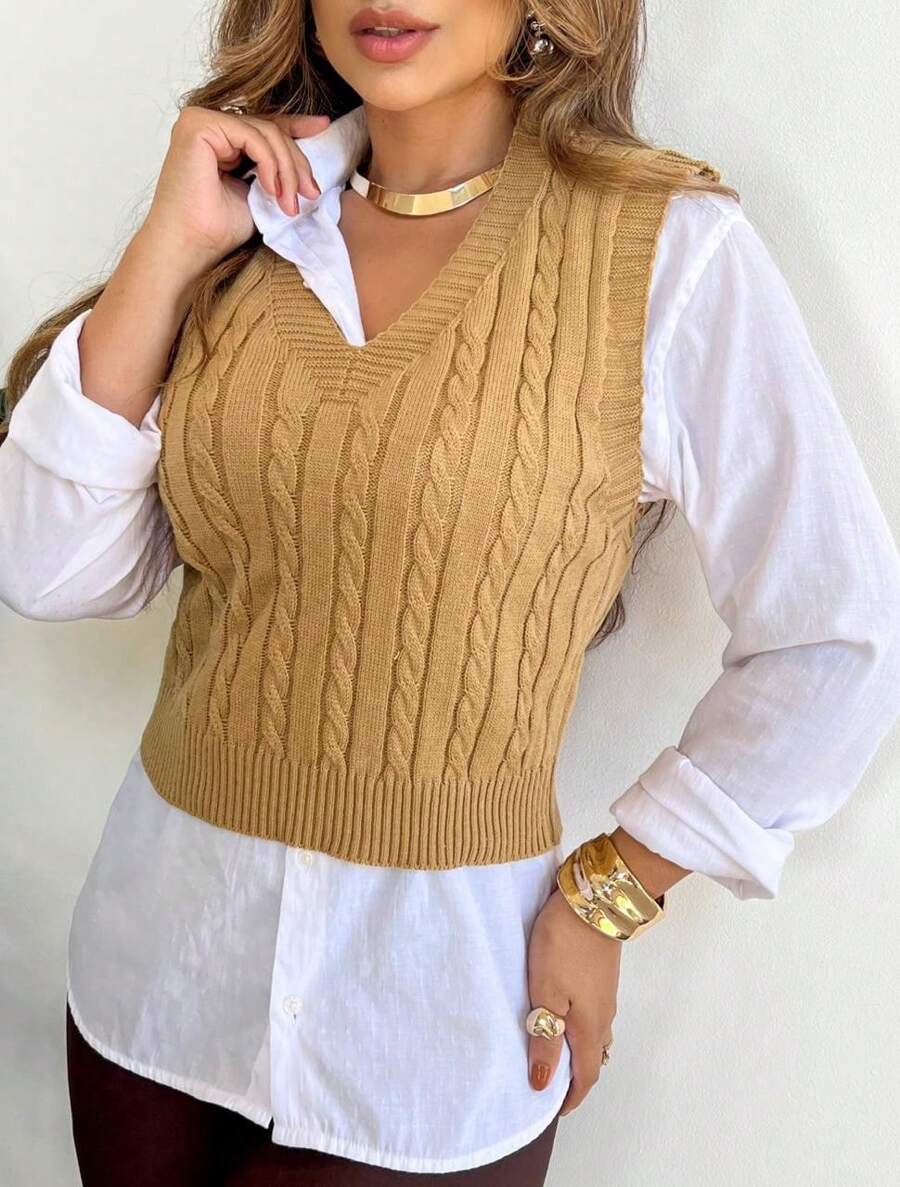 V-Neck Braided Knit Sweater Vest - Khaki - View 1