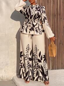 BIUBIU Women's Plus Size Floral Print Waist Cinched Shirt & Wide-Leg Pants Suit Two Pieces (Positioning Printing)