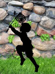 CIF BUY 1 件高品质铁黑色金属男孩女孩捕捉蝴蝶花园装饰地板塞，户外可作为个性化礼物丰富花园庭院 - 黑色 - 查看 10